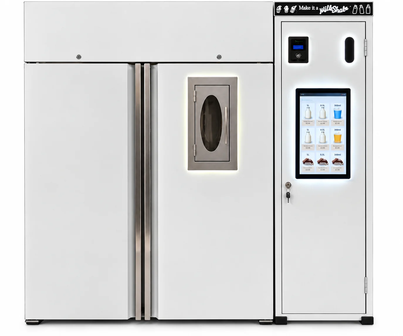 White milk and milkshake vending machine, front view